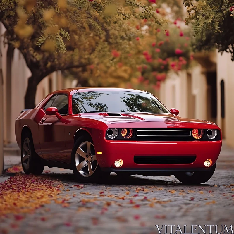 Red Sports Car on Tree-Lined Street AI Image