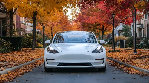 Electric Car Amidst Autumn Leaves