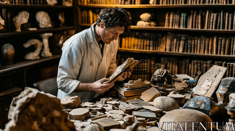 Man Analyzing Artifacts in a Historical Study AI Image