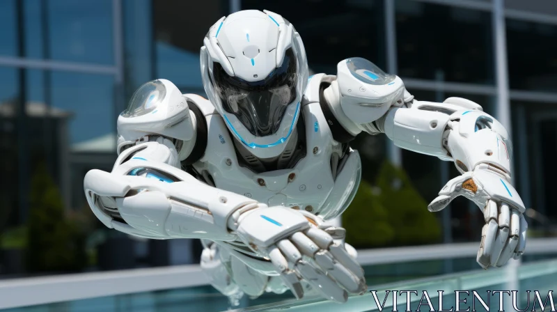 Cybernetic Elegance: White Robot Poised on Ledge AI Image
