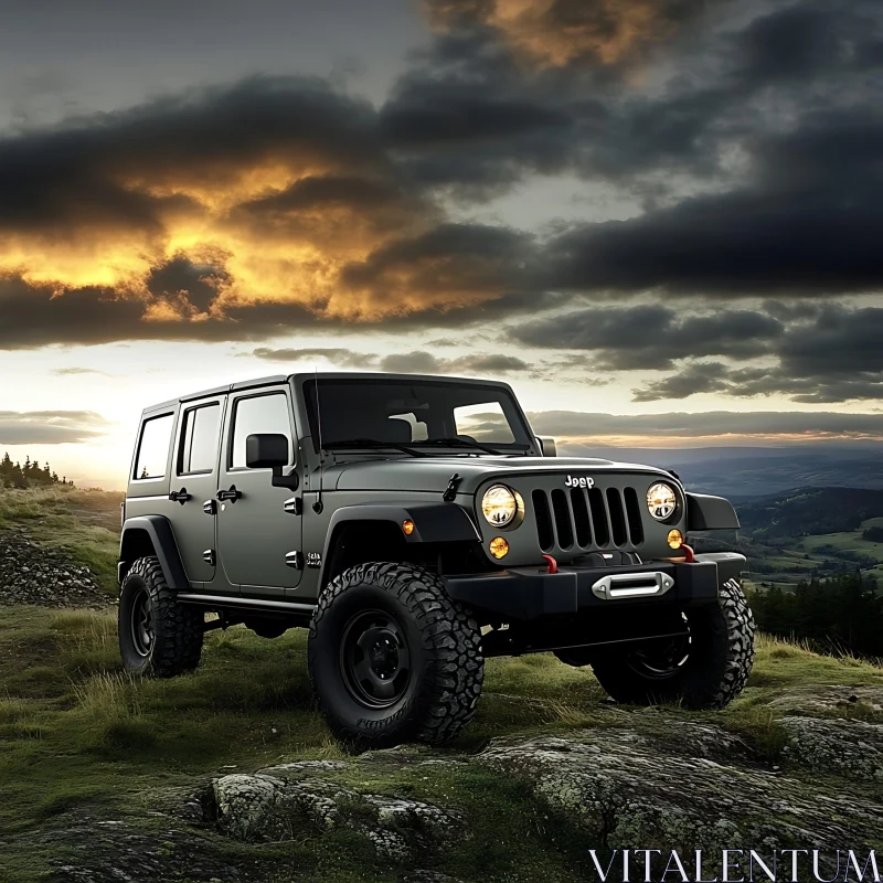 Jeep on Rugged Terrain During Sunset AI Image