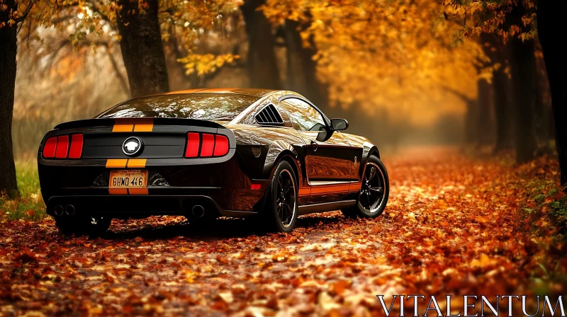 Black Car in Fall Leaves Forest AI Image