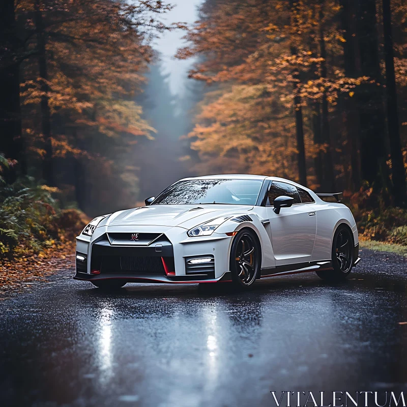 Luxury Silver Sports Car Amidst Autumn Forest AI Image