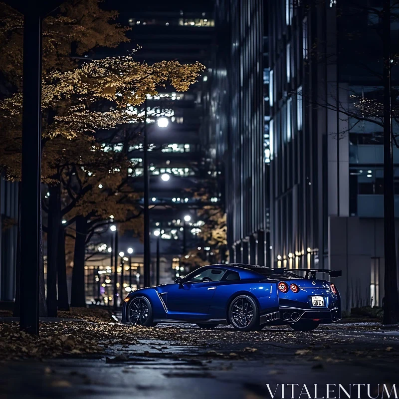 Urban Night with Sleek Blue Sports Car AI Image