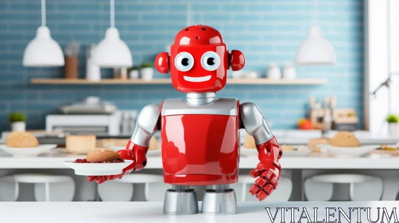 Red Robot with Food in Kitchen - 3D Rendering AI Image