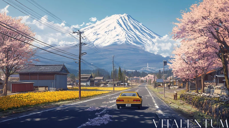 Village Road in Spring with Mountain View AI Image