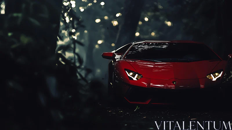 Sleek Red Sports Car Amidst Dark Forest AI Image