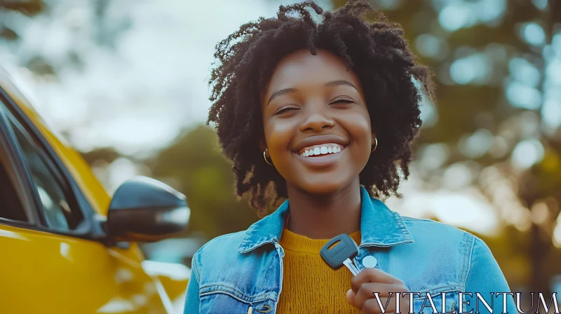 Smiling Individual with Car Key and Yellow Car AI Image