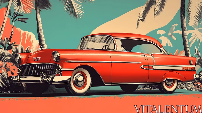 Classic Red Car in a Exotic Tropical Landscape AI Image