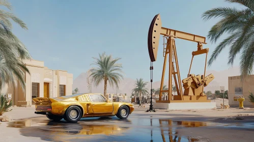 Golden Car and Oil Pump in Desert Landscape