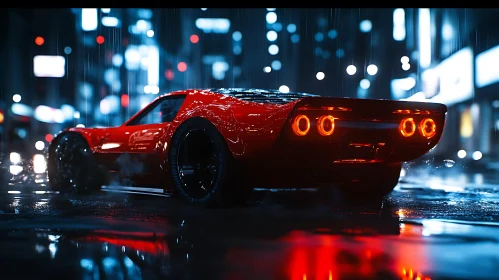 Sleek Red Sports Car in Urban Rain