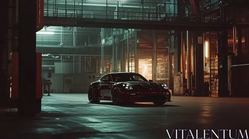 AI ART Sports Car in Dimly Lit Industrial Setting