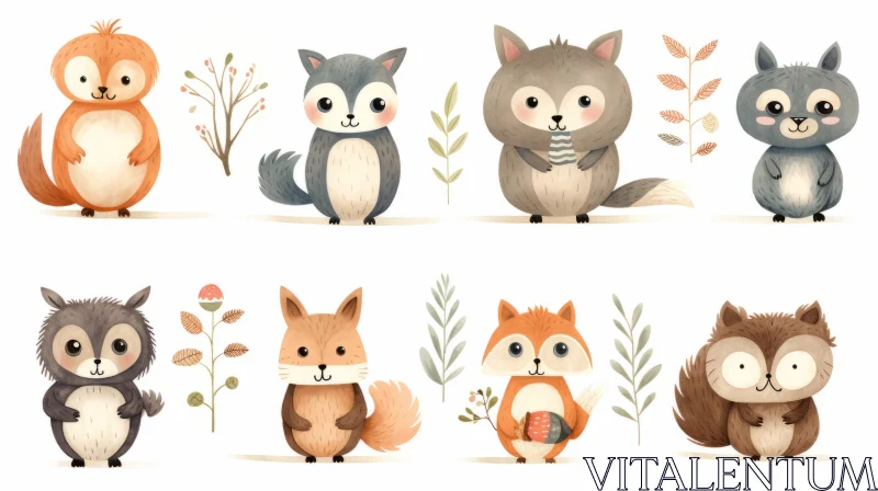 Cute and Whimsical Woodland Animals Cartoon Set AI Image