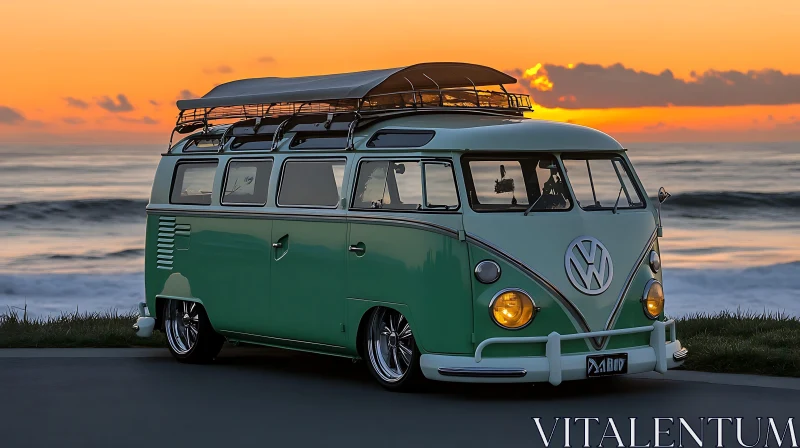 Retro Green Van at Beach with Sunset AI Image