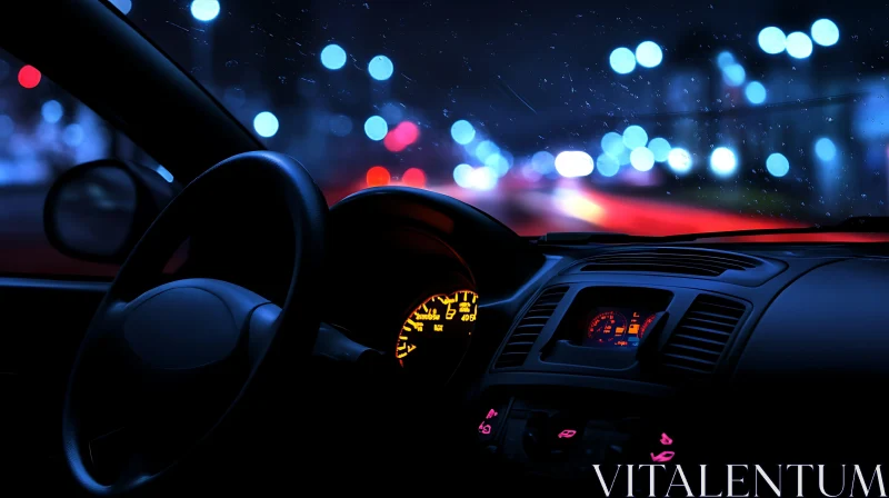 Night Driving: Illuminated Car Dashboard and City Lights AI Image