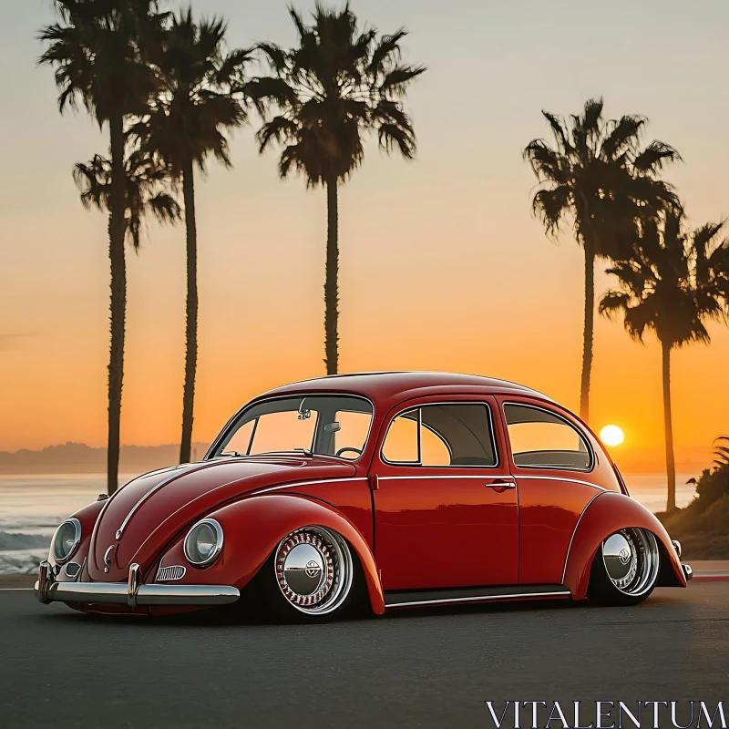 Vintage Red Car and Palm Trees at Dusk AI Image