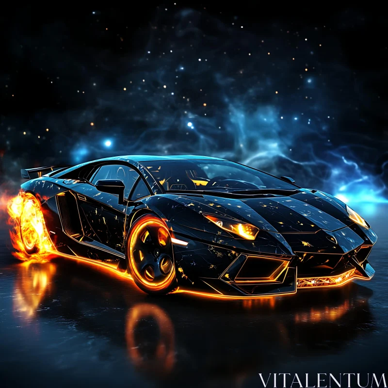 Sleek Black Car with Illuminated Orange Wheels AI Image