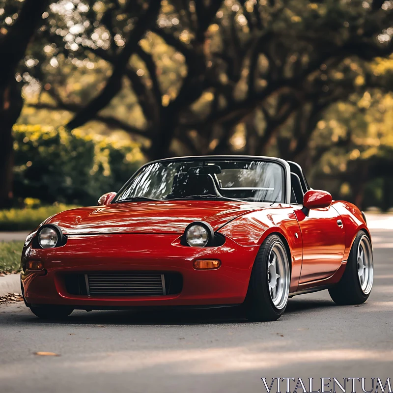 Classic Red Convertible Parked on Quiet Road AI Image