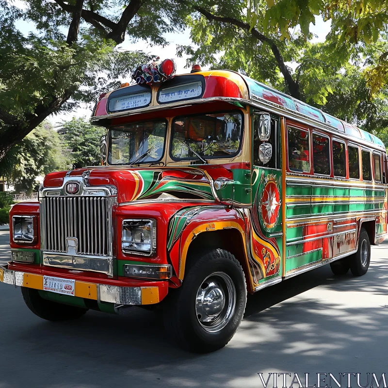 Artistic Vintage Bus on Tree-Lined Street AI Image