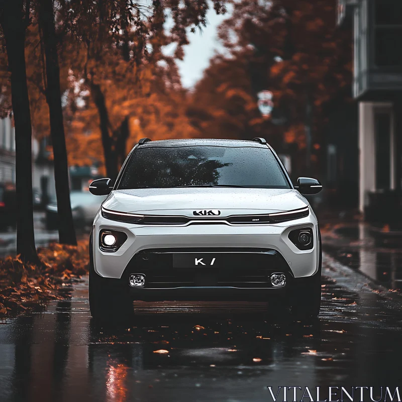 White Vehicle Amid Autumn Foliage in Urban Setting AI Image