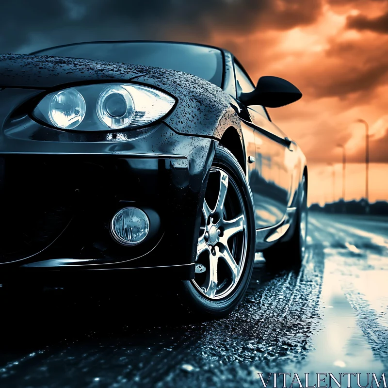 Black Car in the Rain at Sunset AI Image