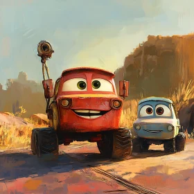 Smiling Animated Cars in Desert Scene