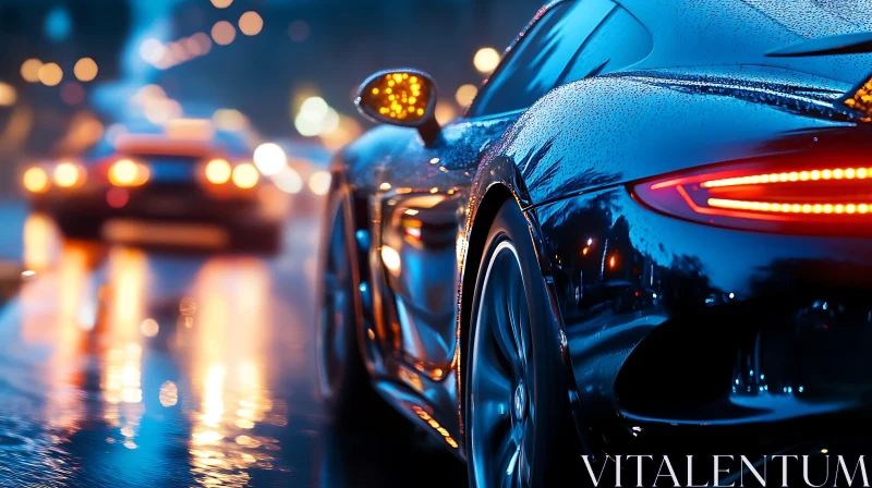 Sleek Sports Car in Rainy Urban Night AI Image