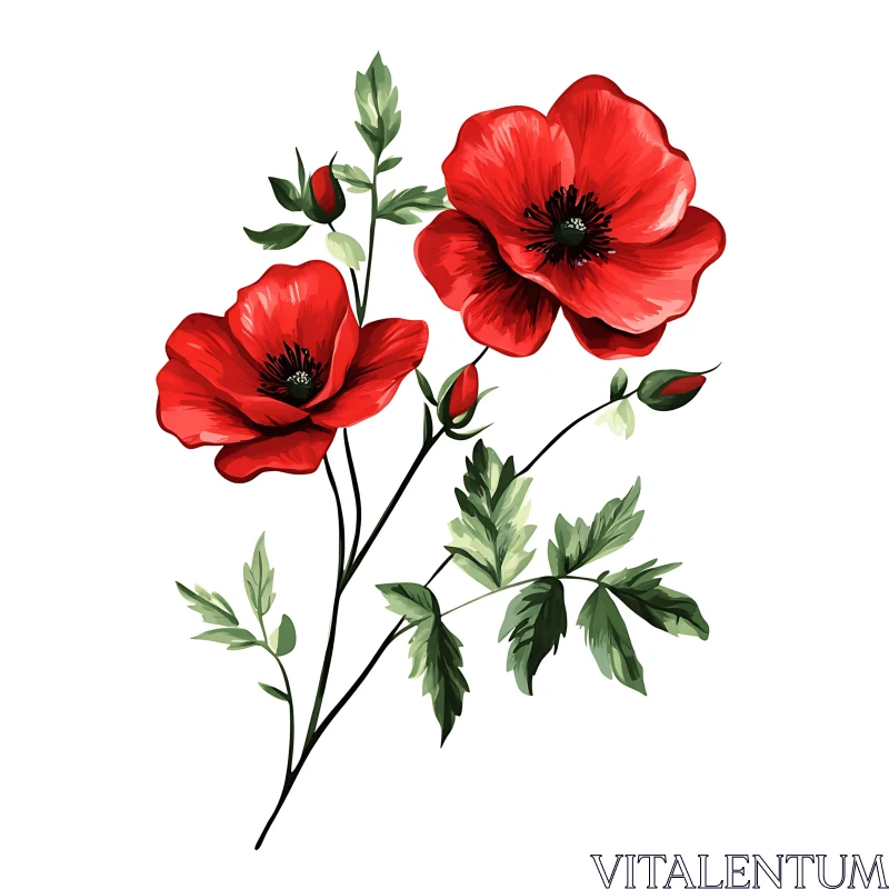 Botanical Artwork of Blooming Red Poppies AI Image