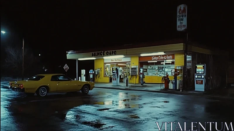 Retro Gas Station and Car at Night AI Image