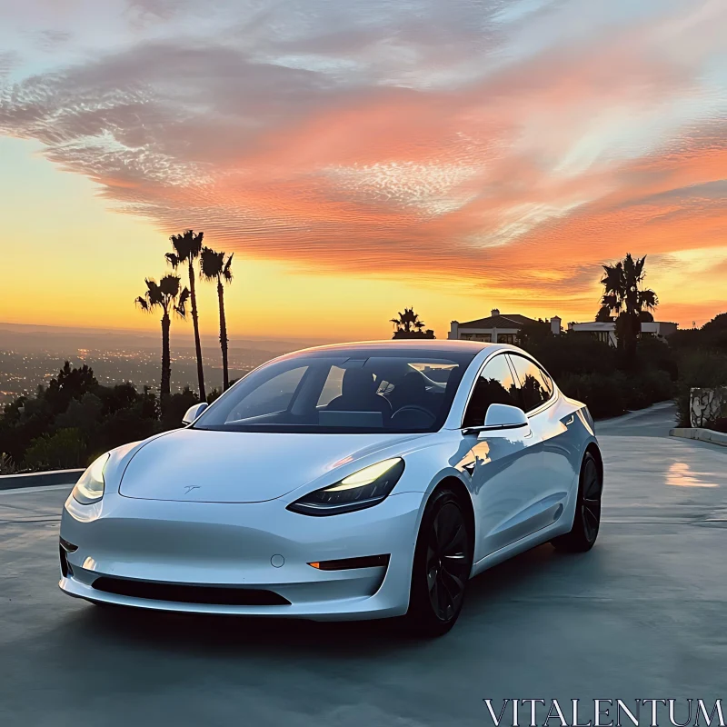 White Electric Car on Driveway at Sunset AI Image