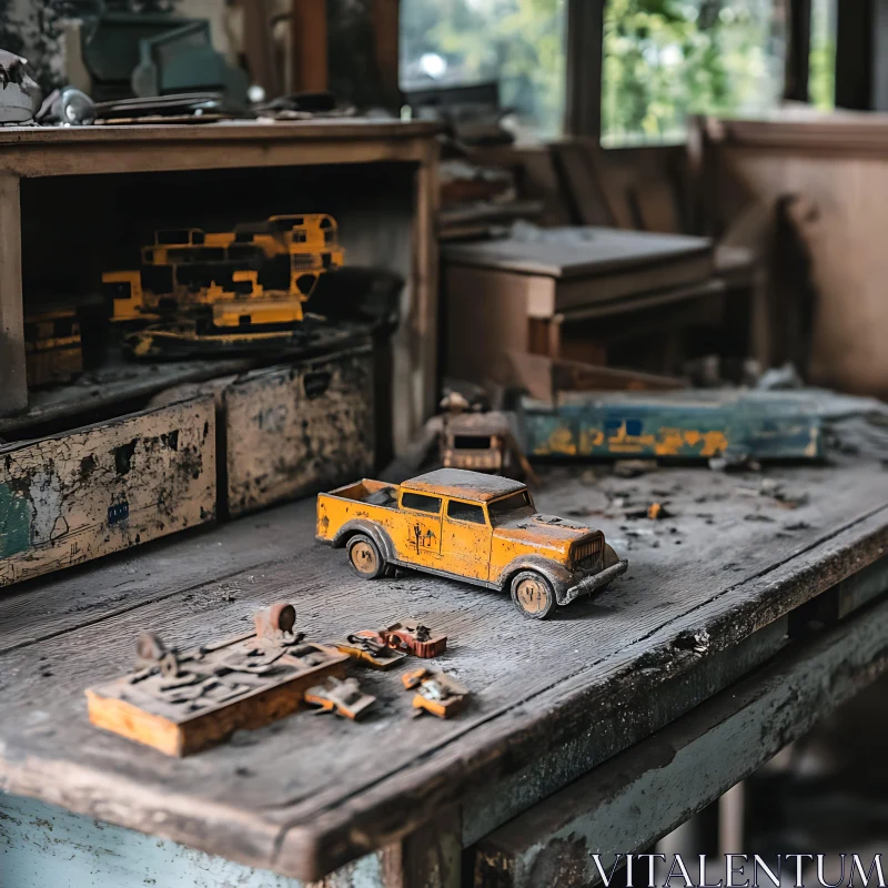 Weathered Toy Car in Dusty Workshop AI Image