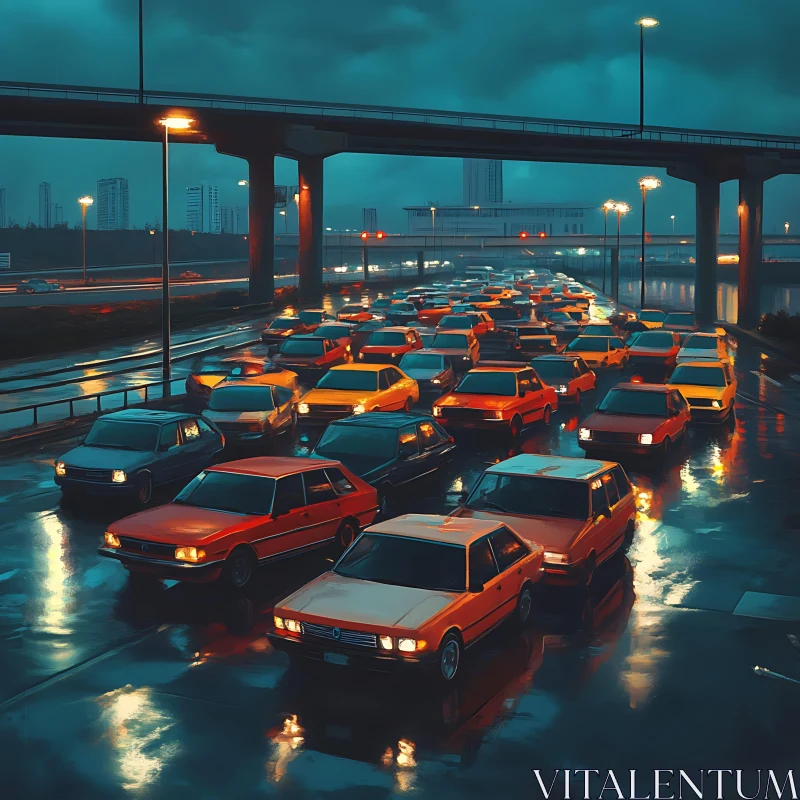 City Night Traffic and Wet Roads AI Image