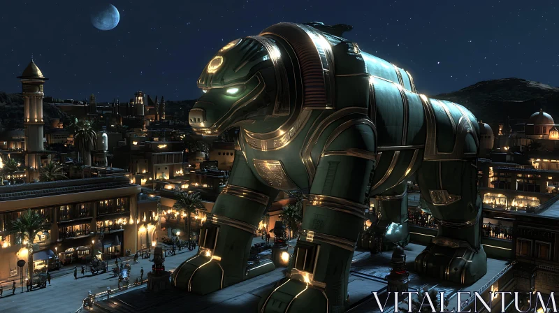 Majestic Robot Bear Overlooking a Vibrant Night City AI Image