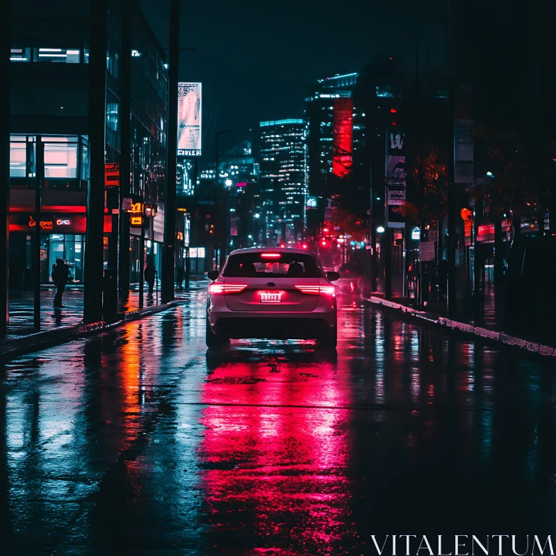 Urban Night Scene with a Car and Neon Lights AI Image