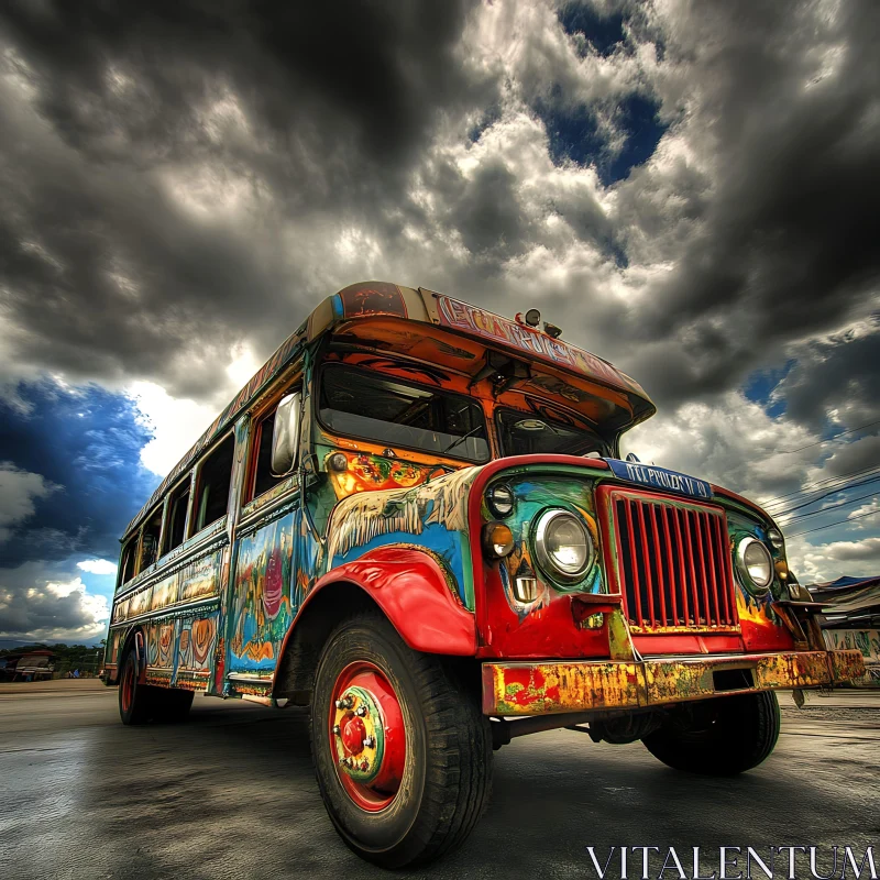 Colorful Antique Bus Under Dramatic Cloud Cover AI Image