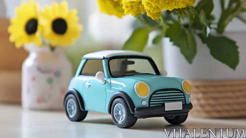 Teal Miniature Car with Floral Decor AI Image