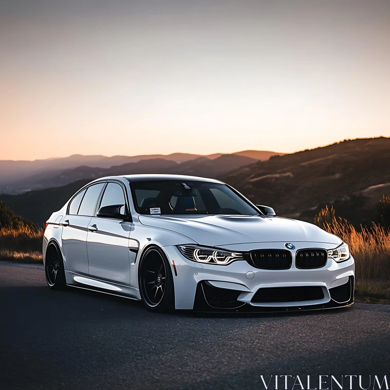 BMW Sedan in Mountainous Sunset Setting AI Image