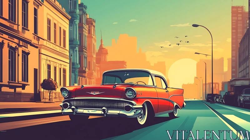 Retro Car Cruising Down a City Street AI Image