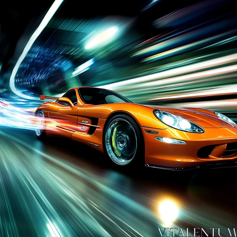 Sleek Orange Car Racing Through Tunnel AI Image