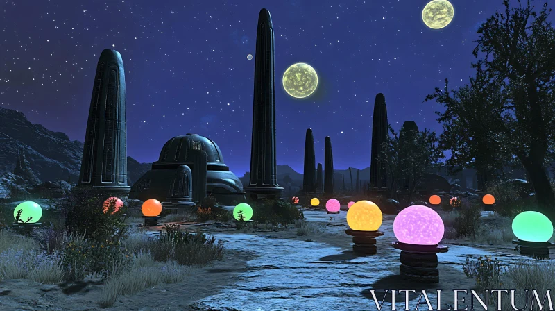 Fantasy Night Scene with Illuminated Spheres and Multiple Moons AI Image