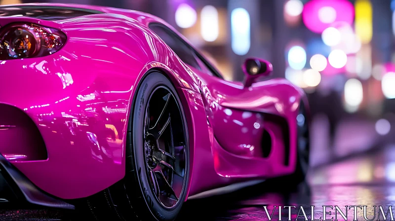 Neon Light Reflections on Pink Sportscar in Urban Nightscape AI Image