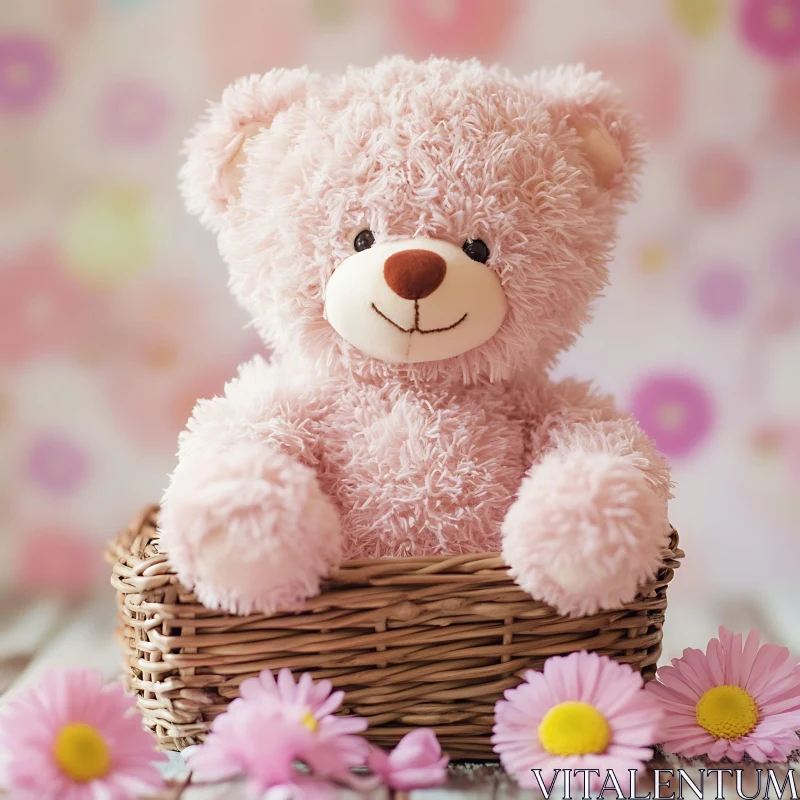 AI ART Cute Pink Stuffed Bear Surrounded by Flowers