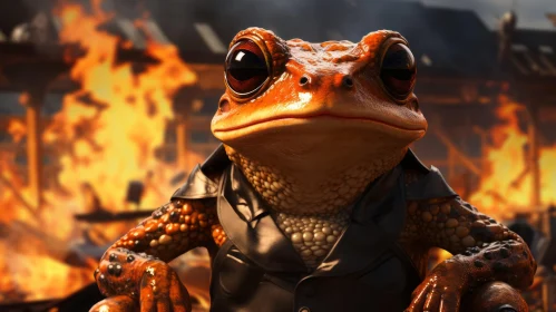 Urban Frog in Leather Jacket Amid Flames – A Precisionism Influence