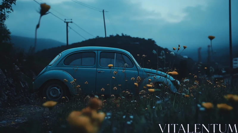 Twilight Scene with Vintage Car AI Image