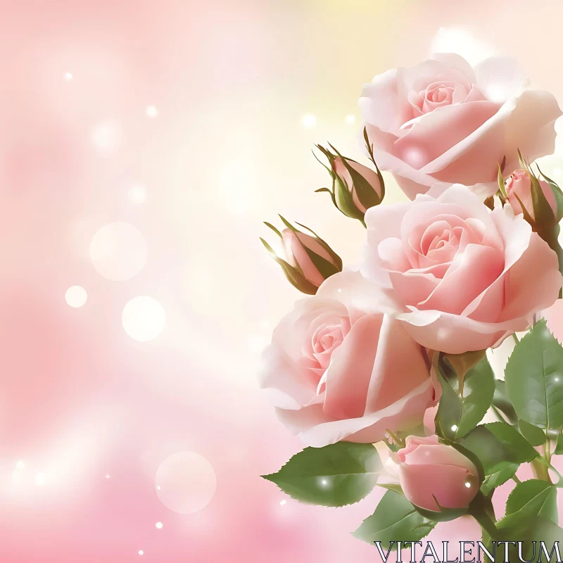 AI ART Soft Pink Roses and Green Leaves with Pastel Bokeh