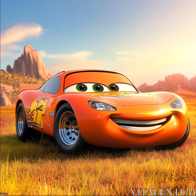 Cheerful Cartoon Vehicle in Sunlit Landscape AI Image