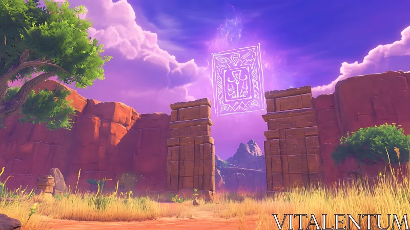 Mystical Desert Ruins under a Purple Sky AI Image