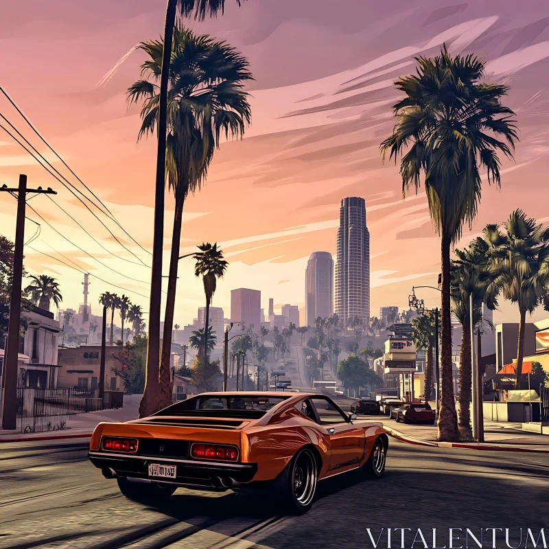 Classic Car at Sunset in Palm-lined City AI Image