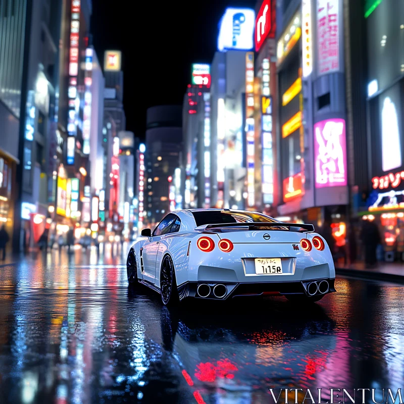 Urban Nightlife with Neon Lights and a Sports Car AI Image