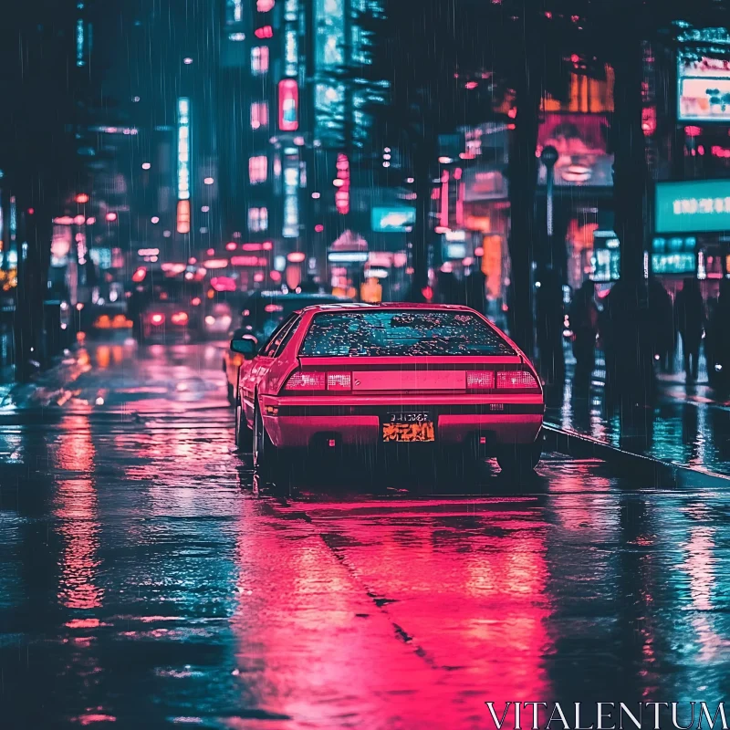 Retro Car Under Neon Lights in the Rain AI Image